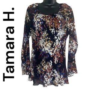 Tamara H. Floral Print Pleated Long Sleeve Semi Sheer Blouse Size L